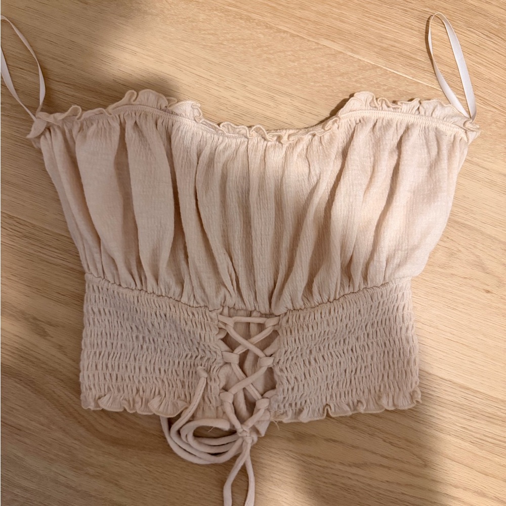 Urban Outfitters Cream Drawstring Smocked Crop Top